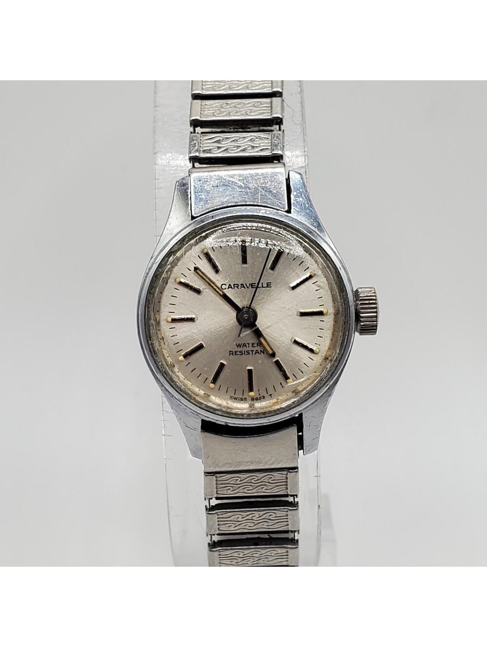 Vintage Caravelle Mechanical Womens  Watch Running Silver Tone Stretch Band 20mm